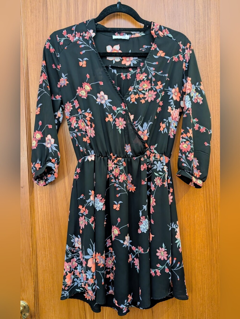 Lush "Kendall" Black Floral Faux-Wrap Dress, V-Neck, 3/4 Sleeve, Women's Size S